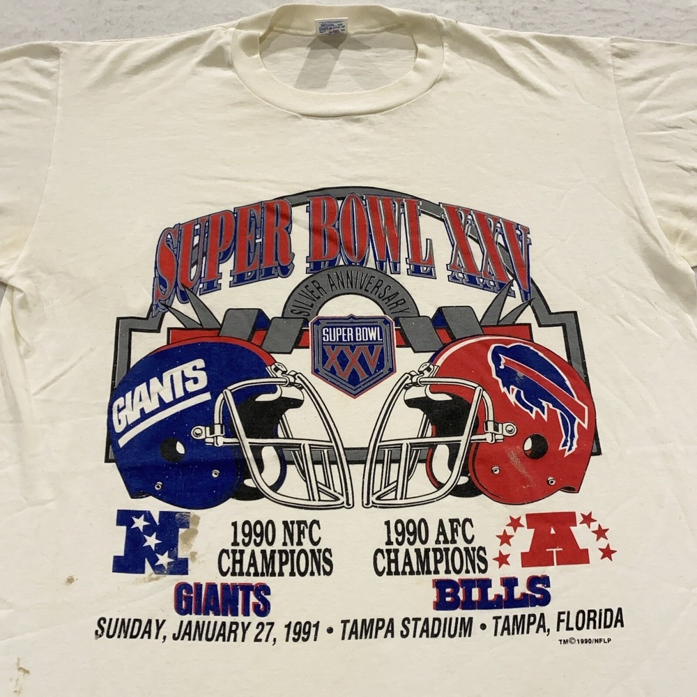vtg 90s NEW YORK GIANTS v Buffalo Bills SUPER BOWL XXV T-Shirt L/XL football NFL